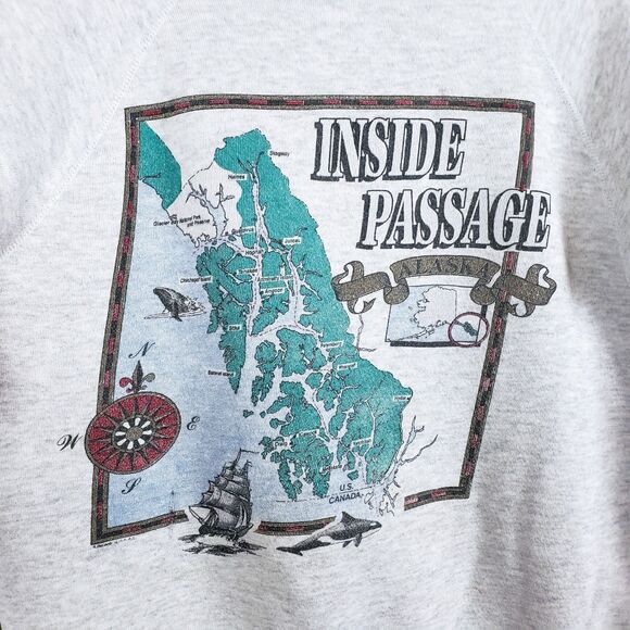 Vintage Alaska Sweatershirt Hanes Mens M Gray Inside Passage Map Tourist Raglan - Picture 2 of 12